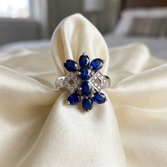 Retro Deco Australian sapphire and diamond dress ring - side view