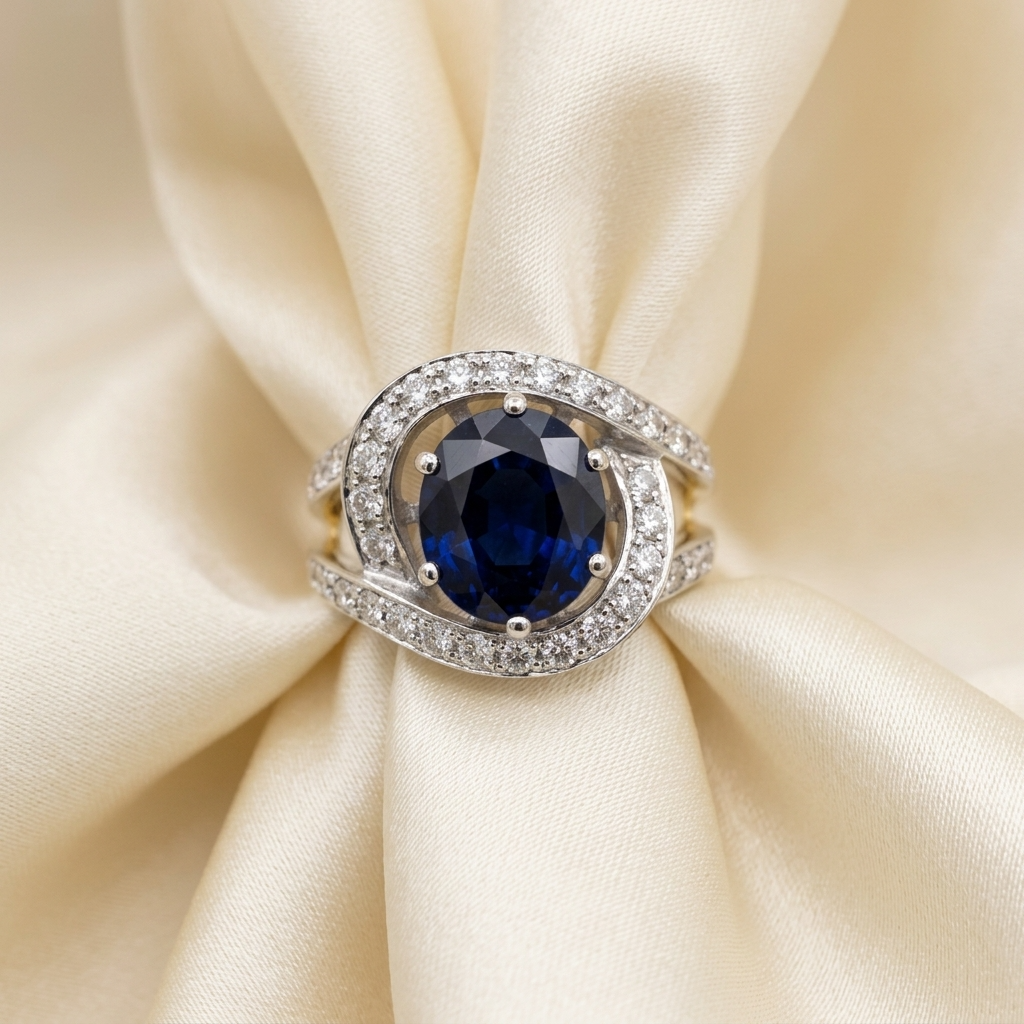 Round Australian blue sapphire and diamond dress ring - detail view