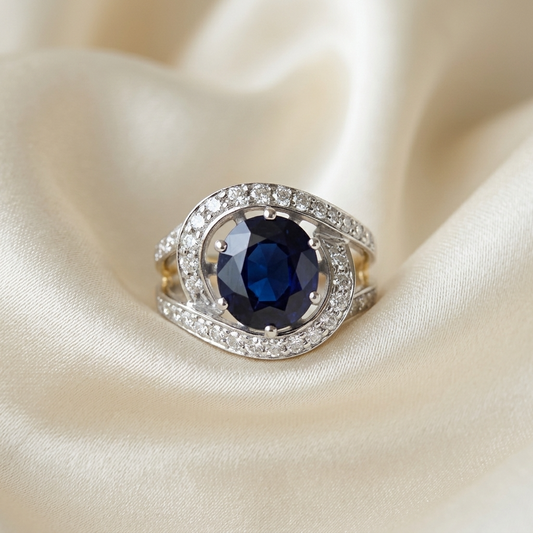 Round Australian blue sapphire and diamond dress ring in 18ct yellow and white gold