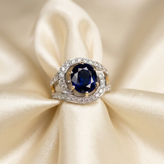 Round Australian blue sapphire and diamond dress ring - side view