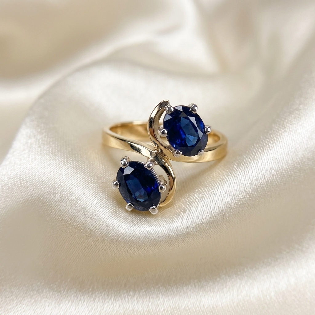 Moi et Toi ring set with two oval Australian blue sapphires in 18ct yellow and white gold