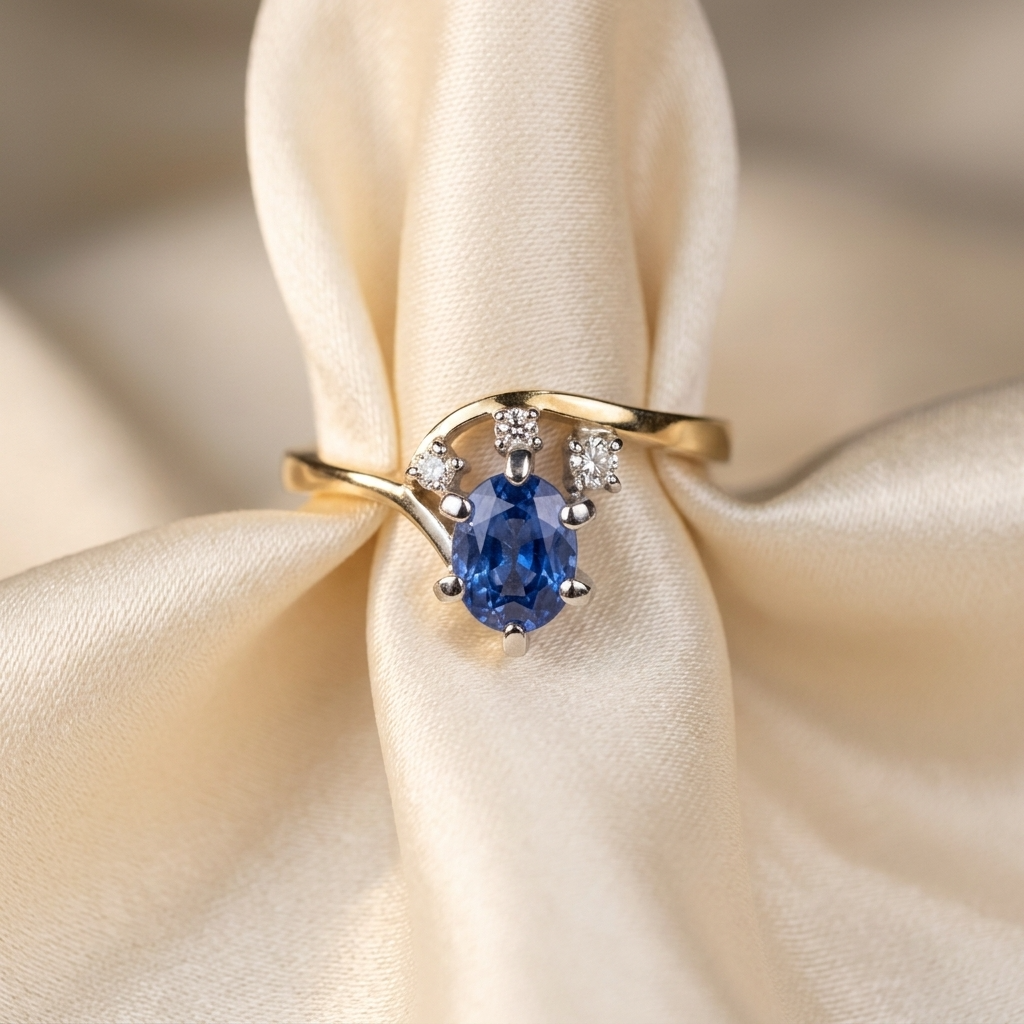 Oval Ceylon blue sapphire and diamond ring in 18ct yellow and white gold