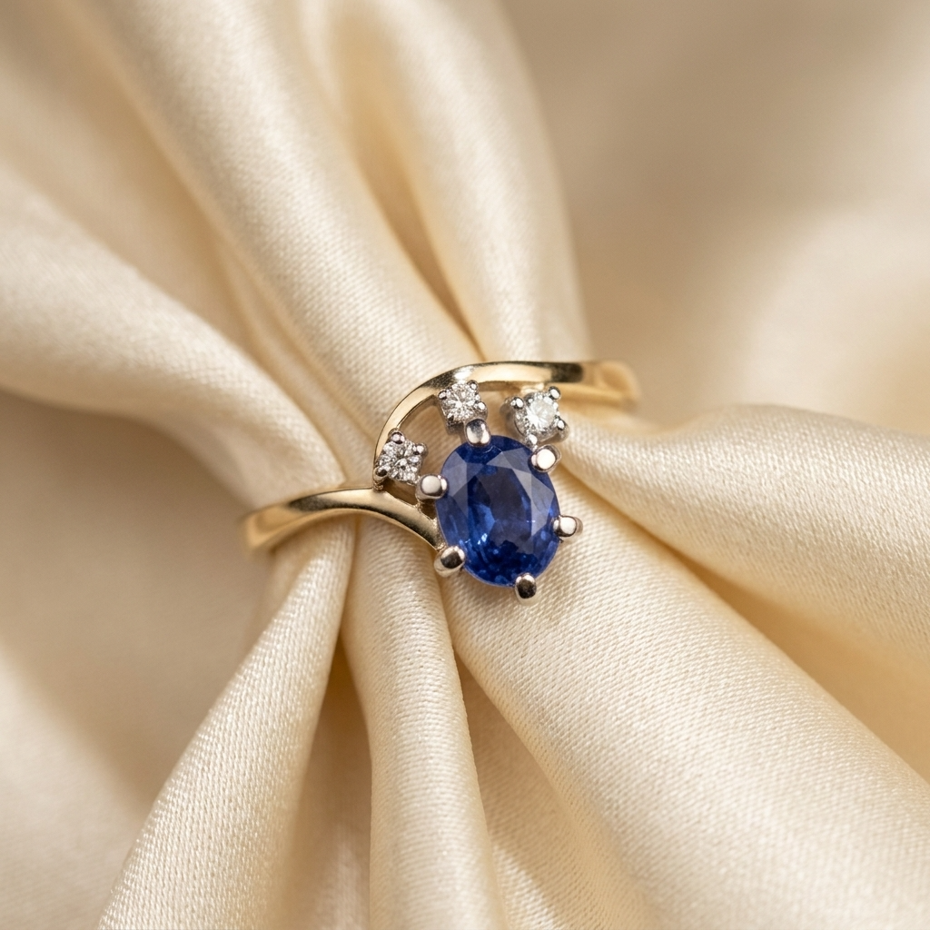 Oval Ceylon blue sapphire and diamond ring - side view