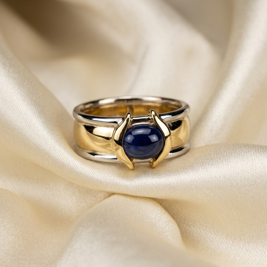 Oval cabochon Australian sapphire two tone gold ring - side view