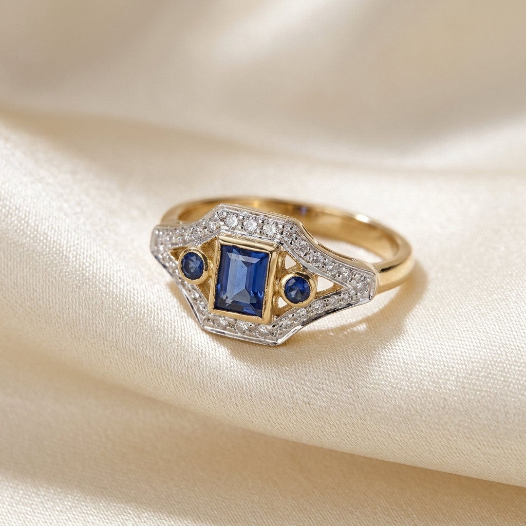 Emerald cut Ceylon sapphire and diamond antique style ring in 9ct yellow and white gold