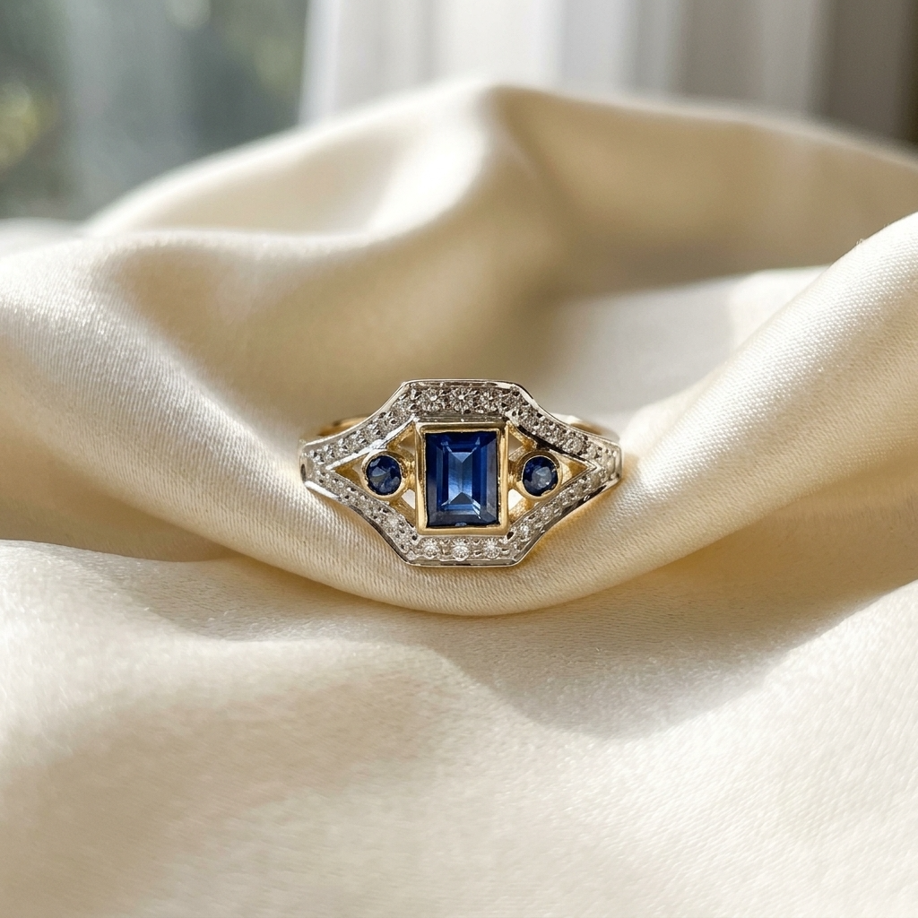 Emerald cut Ceylon sapphire and diamond antique style ring - side view
