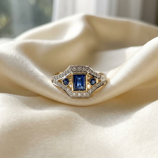 Emerald cut Ceylon sapphire and diamond antique style ring - side view