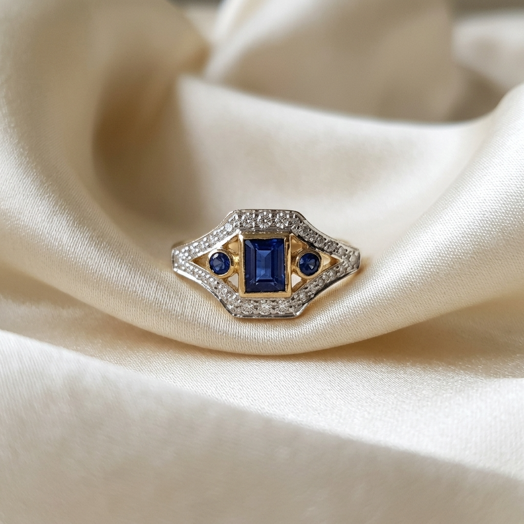 Emerald cut Ceylon sapphire and diamond antique style ring - detail view
