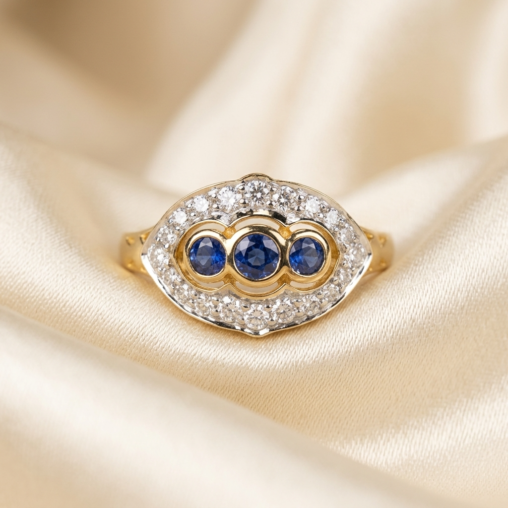 Antique style Ceylon sapphire and diamond ring in 9ct yellow and white gold