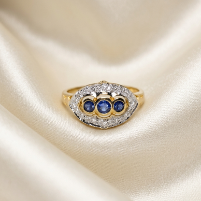 Antique style Ceylon sapphire and diamond ring - angled view