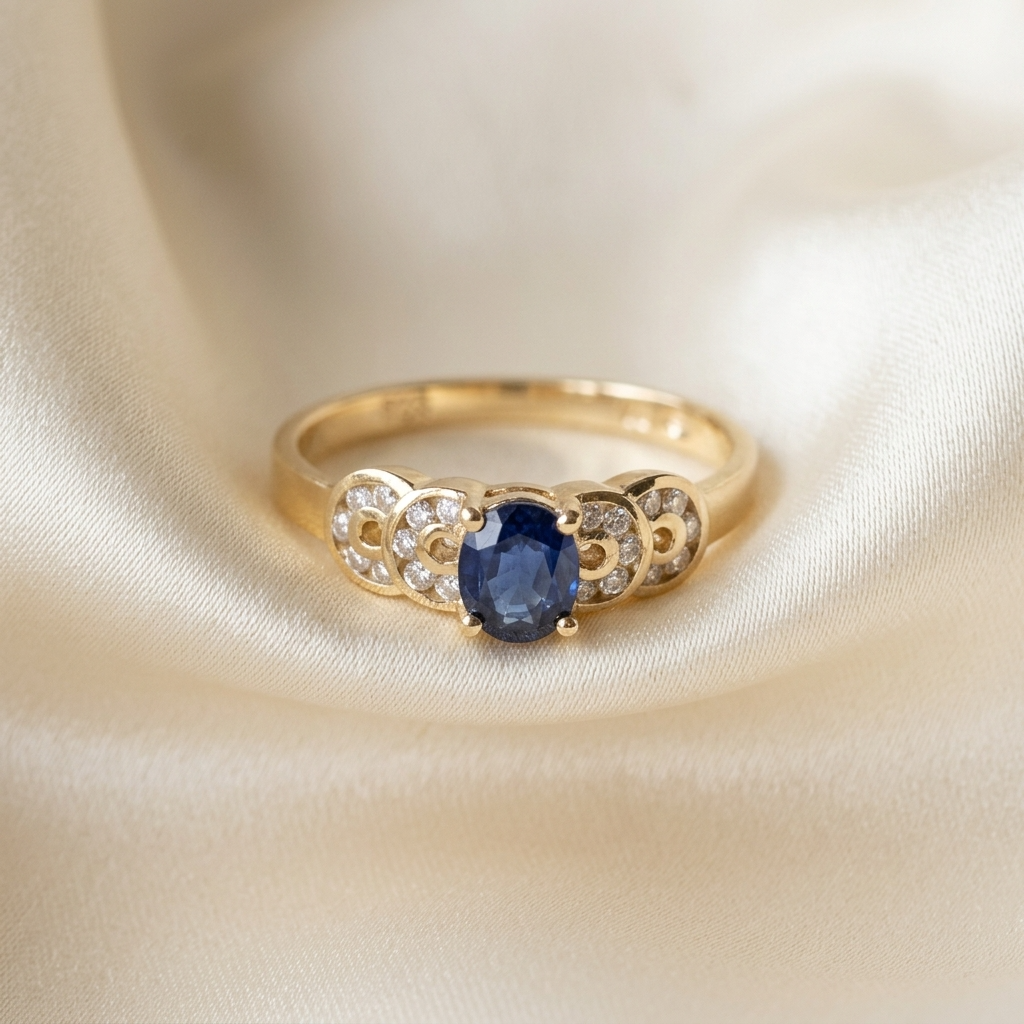 Oval Ceylon blue sapphire ring with scalloped diamond surround in 18ct yellow and white gold