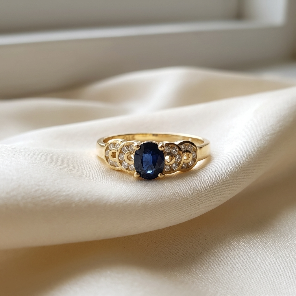Oval Ceylon sapphire ring with scalloped diamond surround - detail view