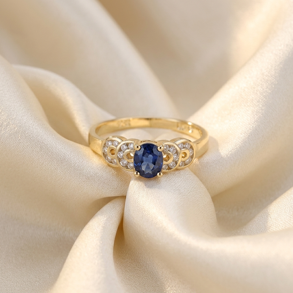 Oval Ceylon sapphire ring with scalloped diamond surround - angled view
