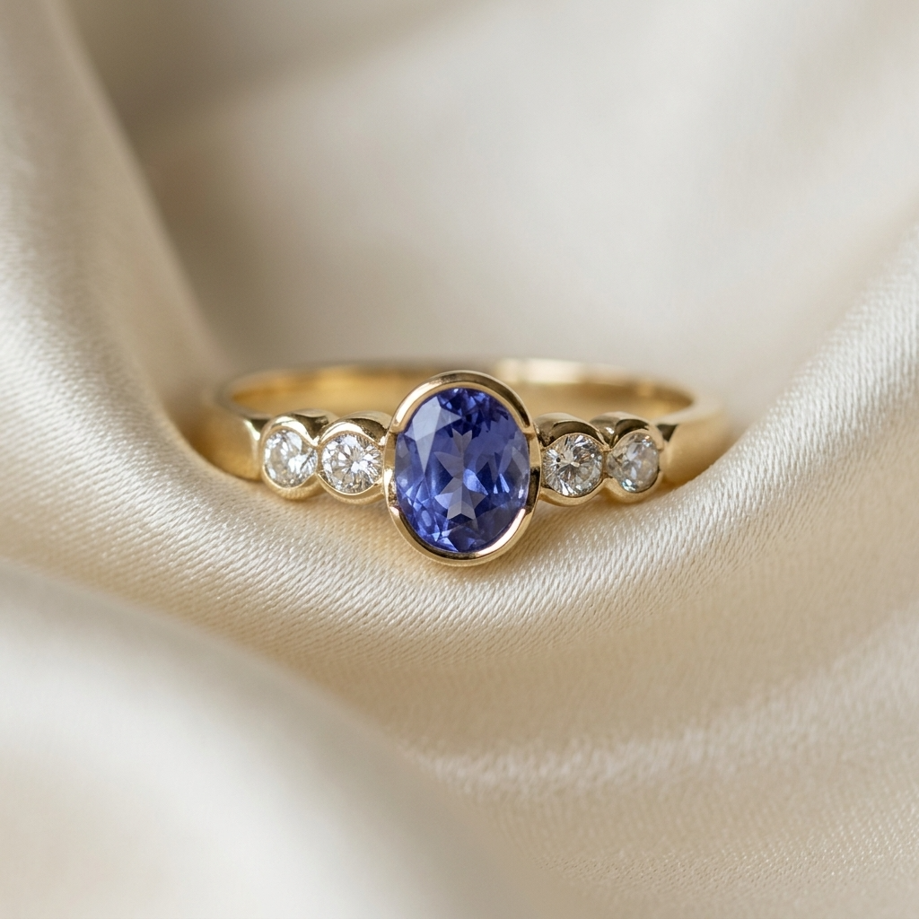 Oval Ceylon blue sapphire and round diamond ring in 18ct yellow and white gold