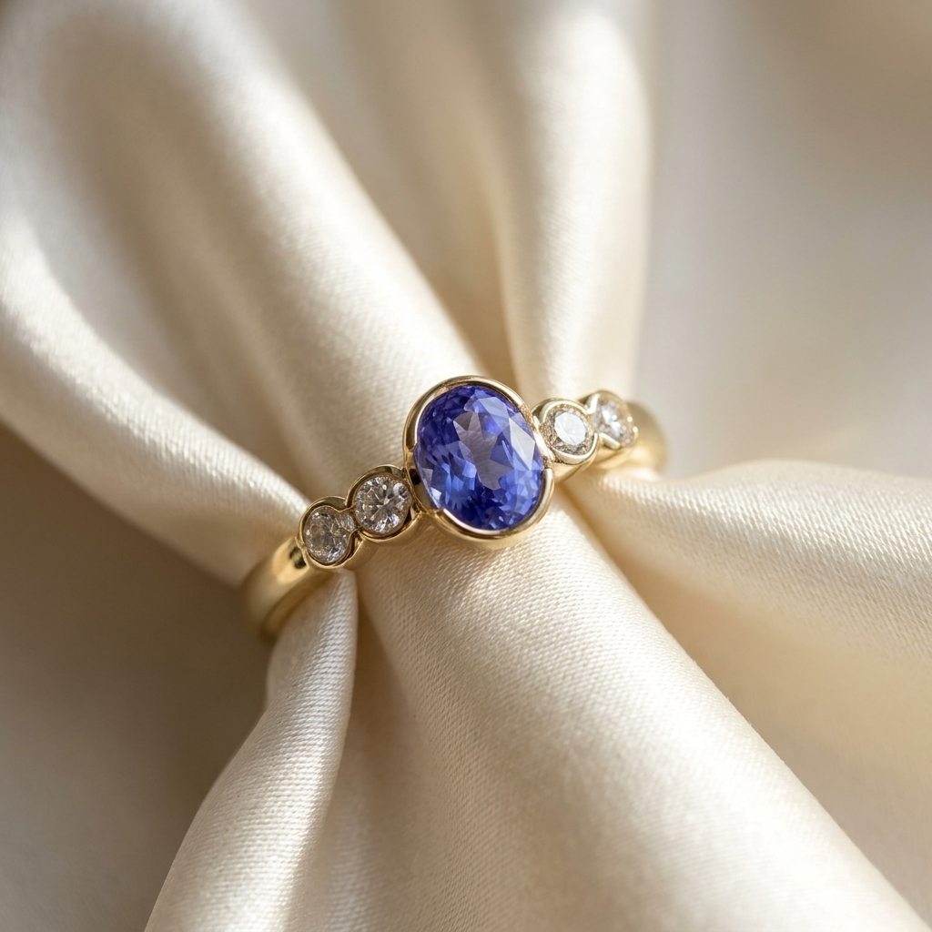 Oval Ceylon sapphire and round diamond ring - side view