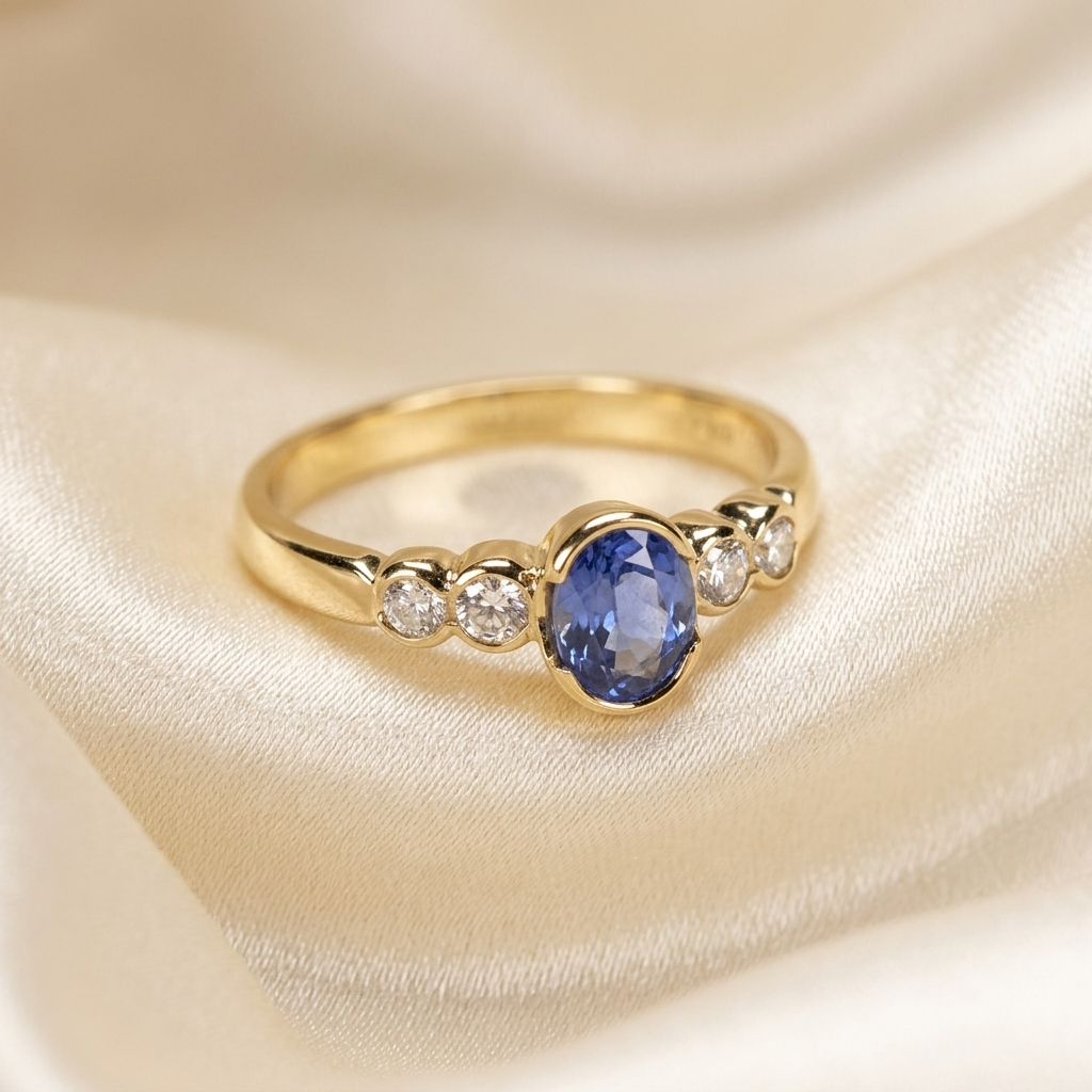 Oval Ceylon sapphire and round diamond ring - detail view