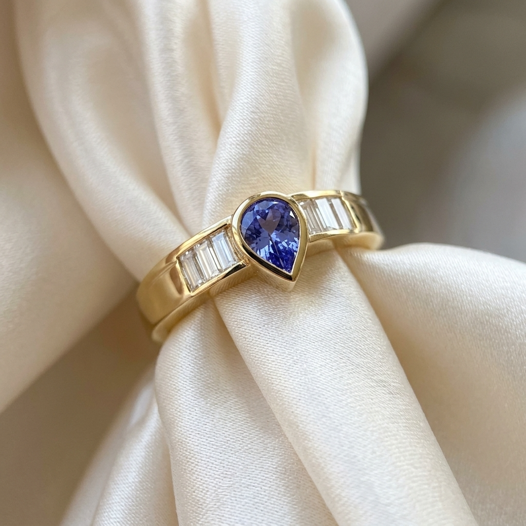 Pear shape Ceylon sapphire and baguette diamond ring - side view