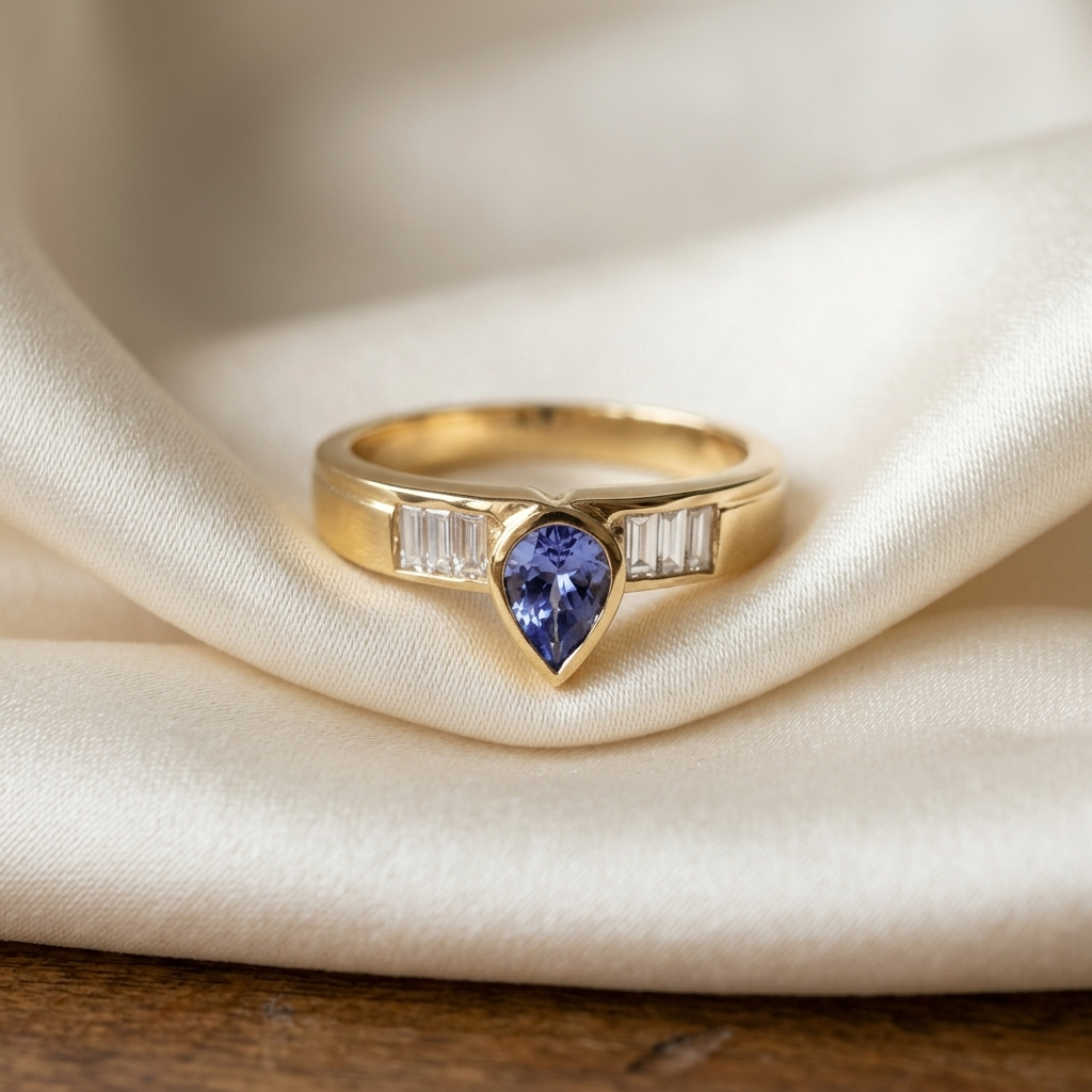 Pear shape Ceylon sapphire and baguette diamond ring - detail view