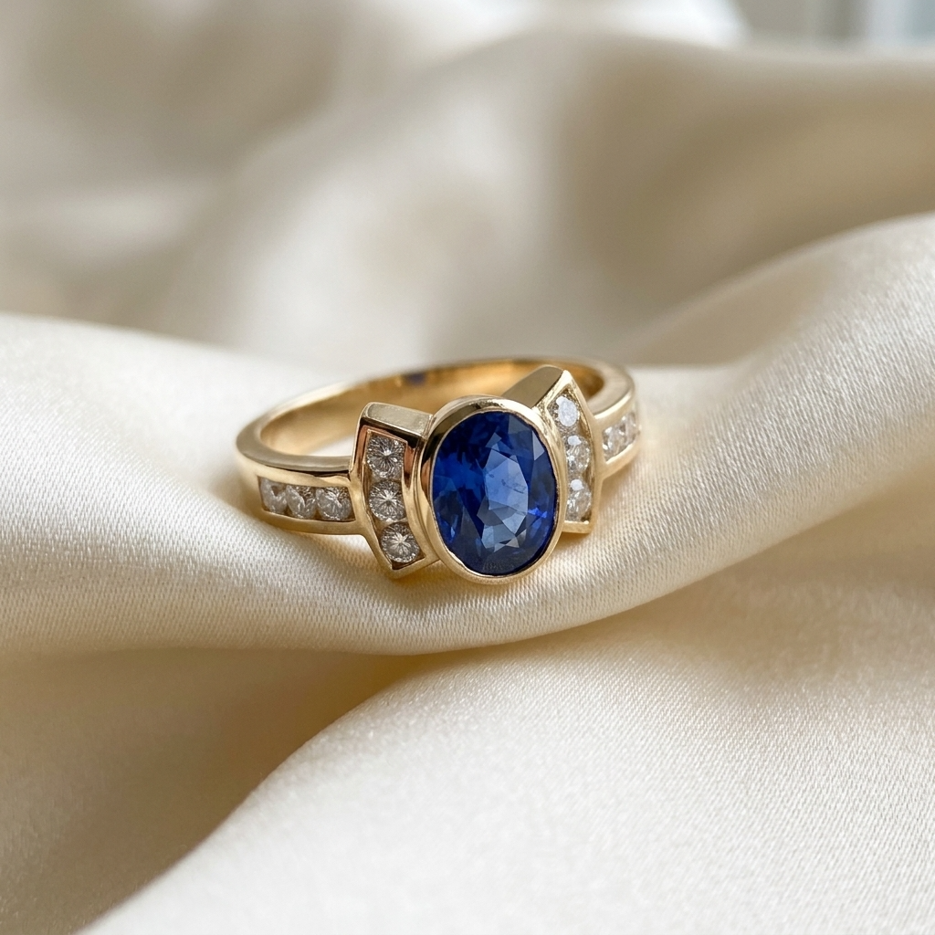 Oval Ceylon sapphire and diamond dress ring in yellow gold - detail view