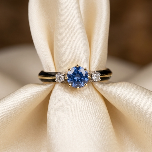 Round Ceylon blue sapphire and diamond trilogy ring in 18ct yellow and white gold