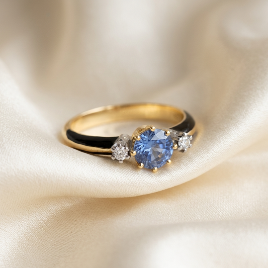 Round Ceylon sapphire and diamond trilogy ring - side view