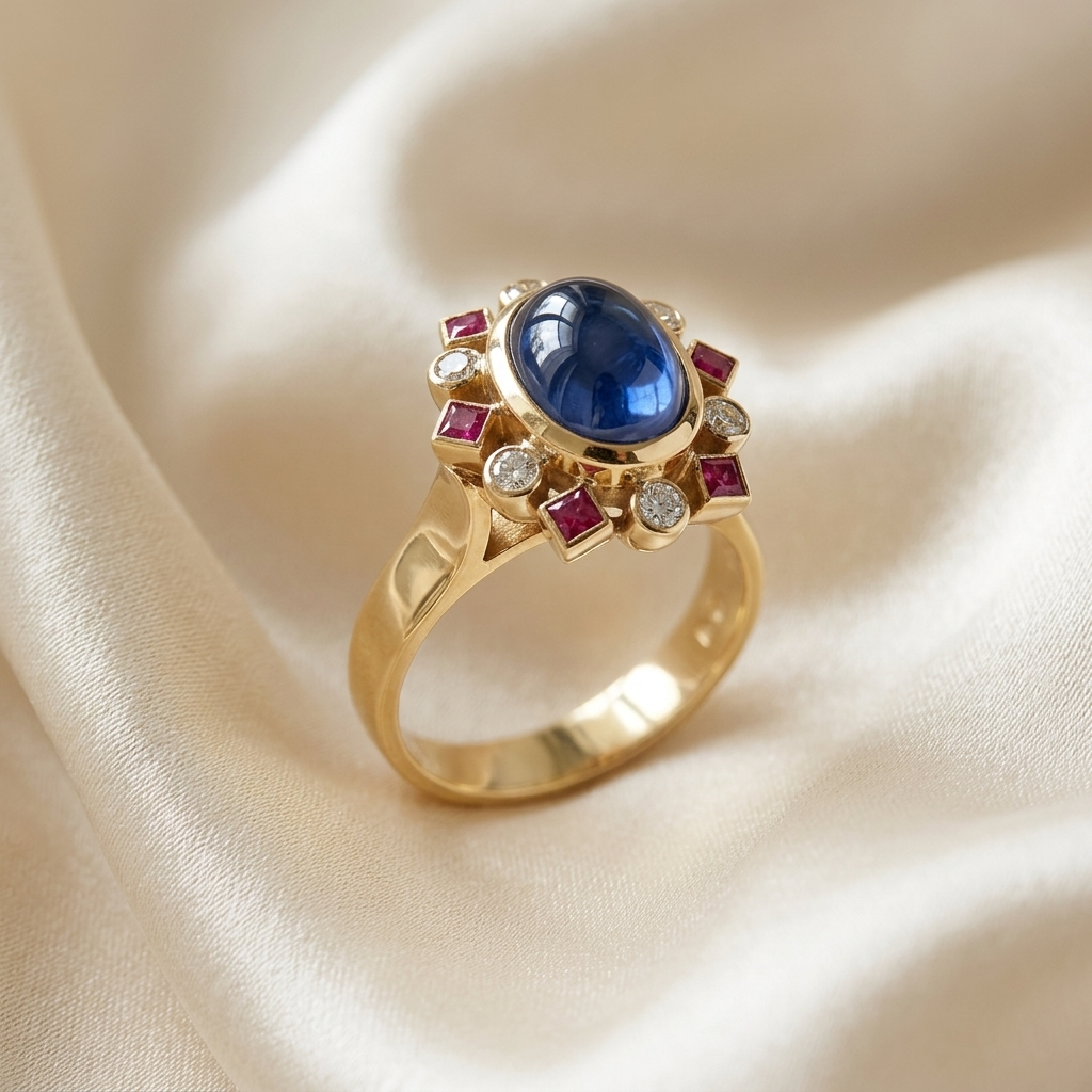 Cabochon Ceylon blue sapphire, ruby and diamond dress ring in 18ct yellow gold