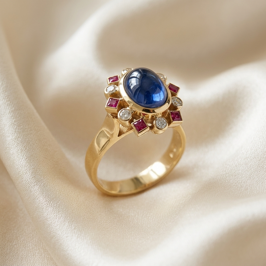 Cabochon Ceylon blue sapphire, ruby and diamond dress ring in 18ct yellow gold