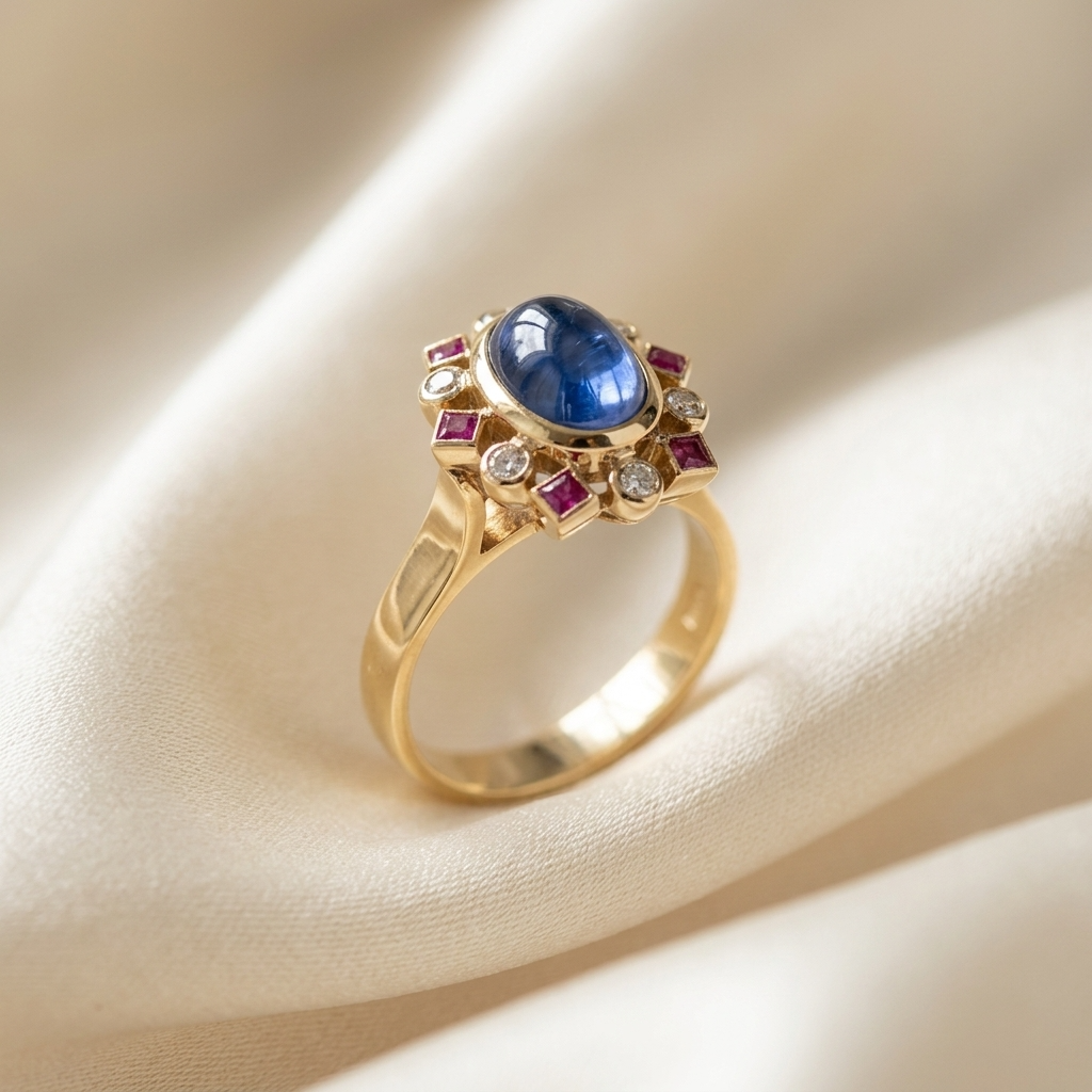 Cabochon Ceylon sapphire, ruby and diamond dress ring - side view