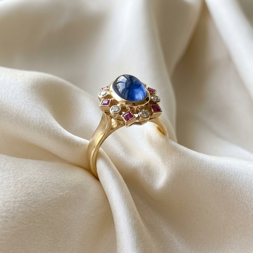 Cabochon Ceylon sapphire, ruby and diamond dress ring - detail view