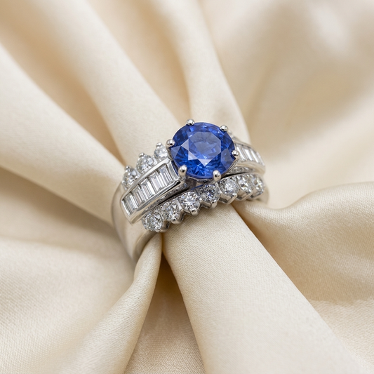 Ceylon sapphire and diamond dress ring with baguette diamonds - side view
