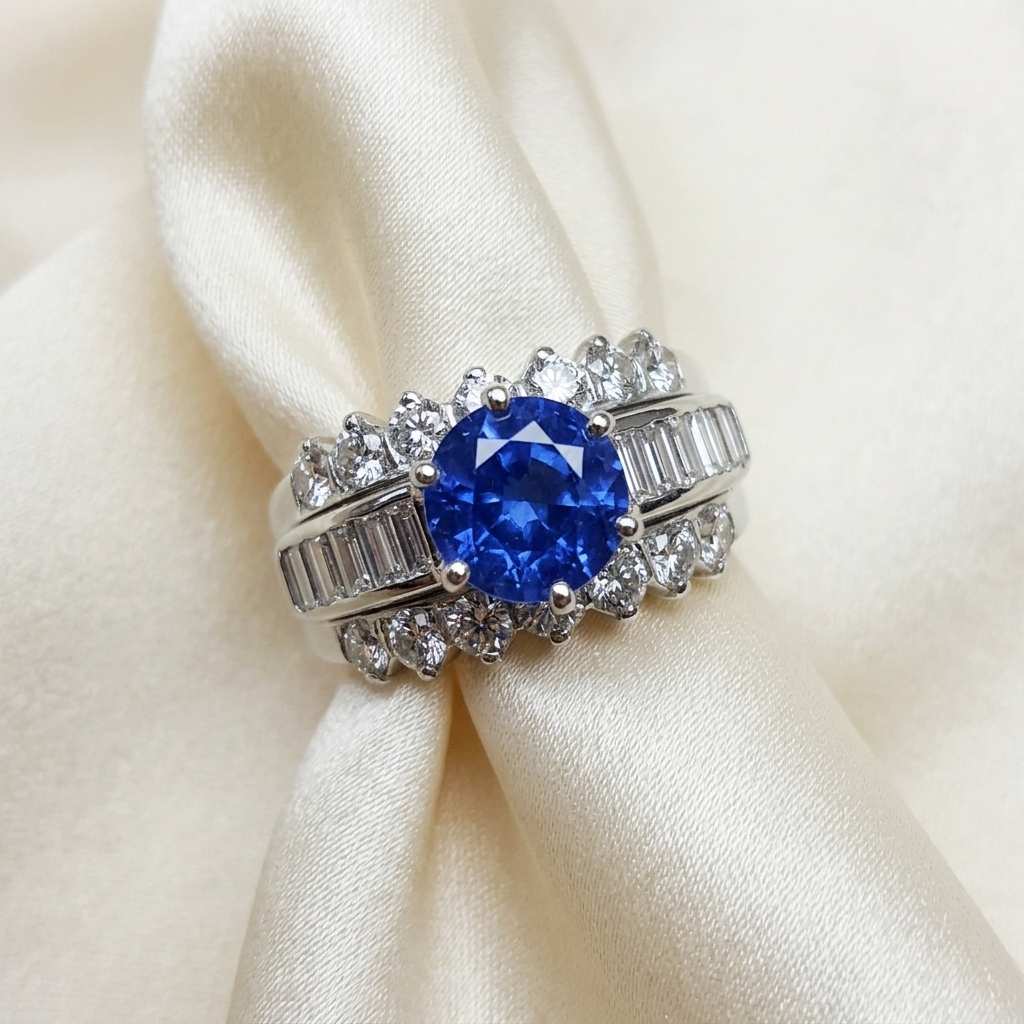 Ceylon sapphire and diamond dress ring - angled view