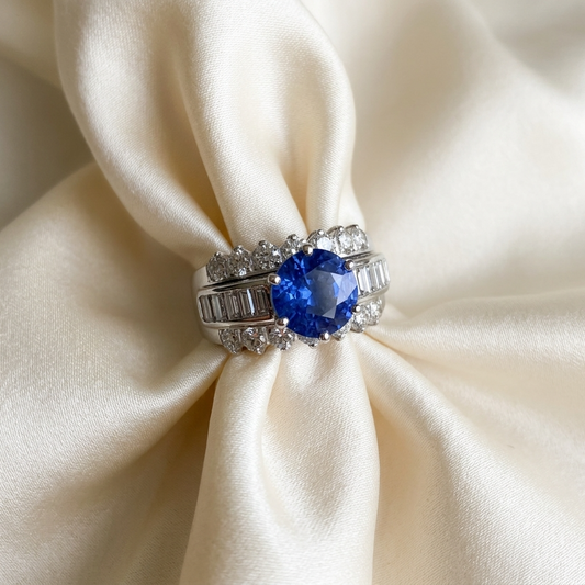 Round Ceylon blue sapphire and diamond dress ring in 18ct white gold