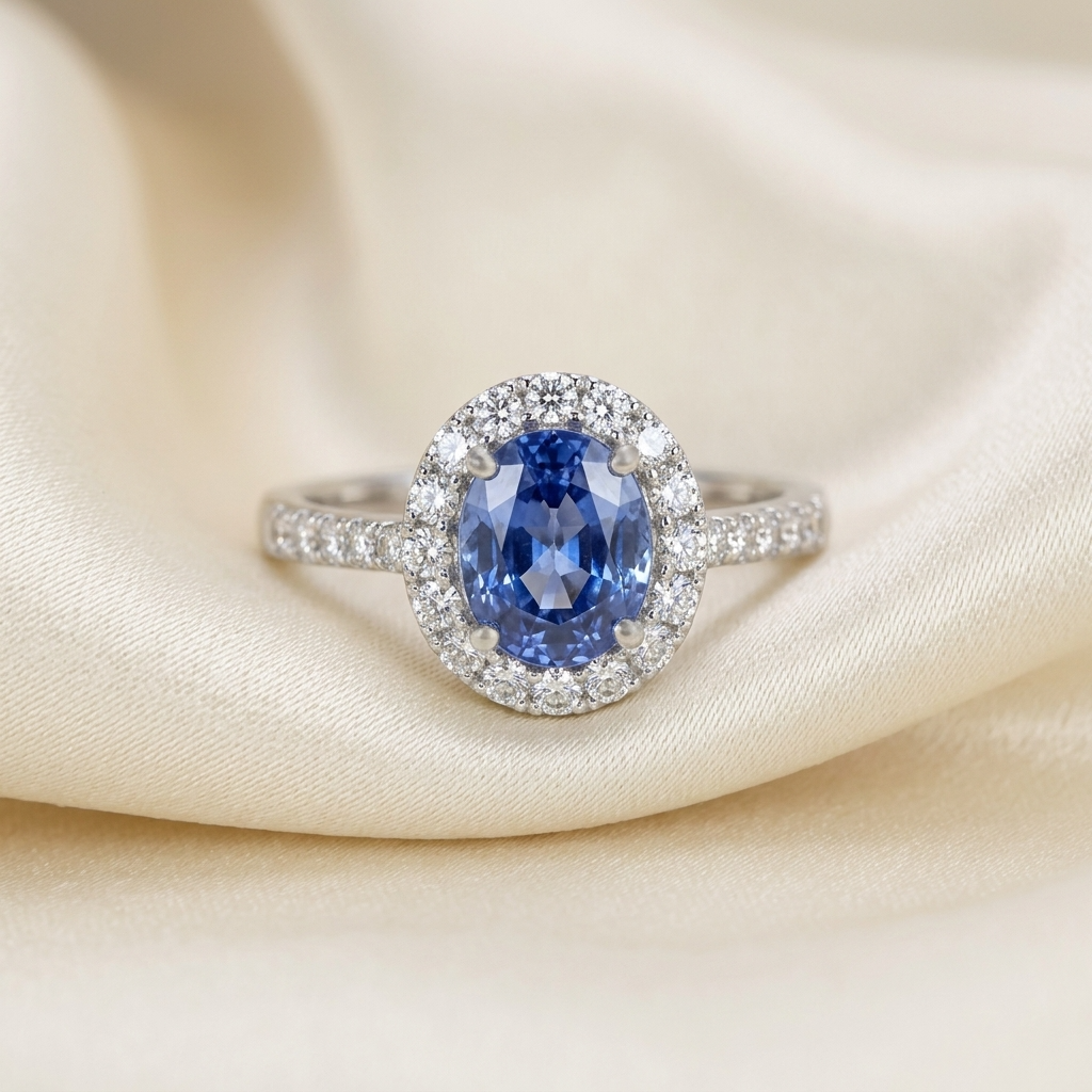 Oval Ceylon blue sapphire and diamond halo ring