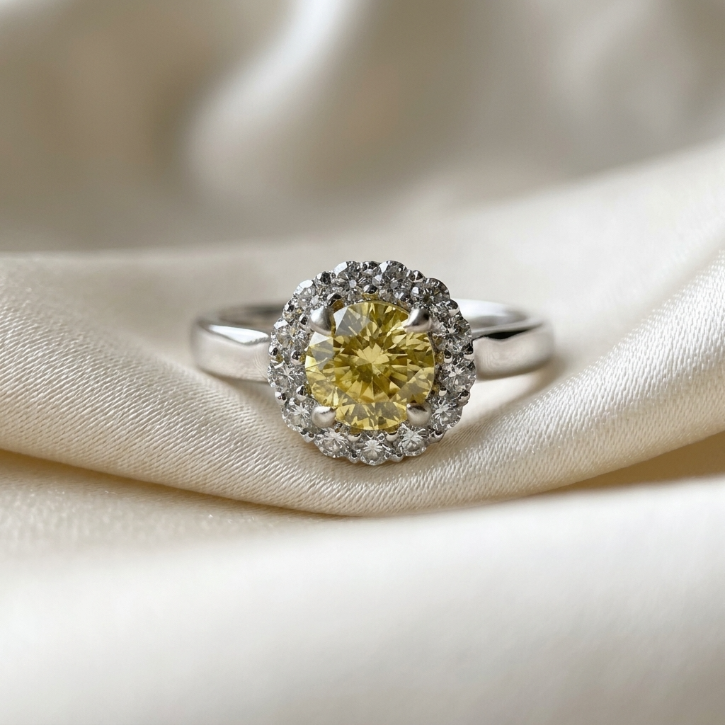 Round yellow sapphire and diamond halo ring