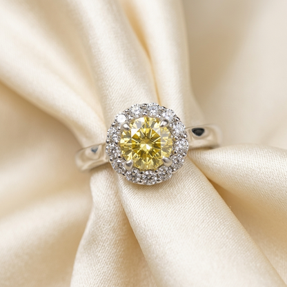 Round yellow sapphire and diamond halo ring - detail view