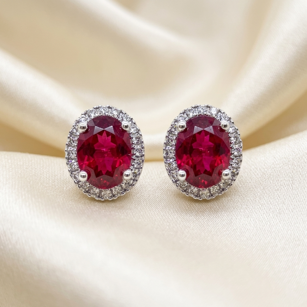 Rubellite and diamond halo earrings