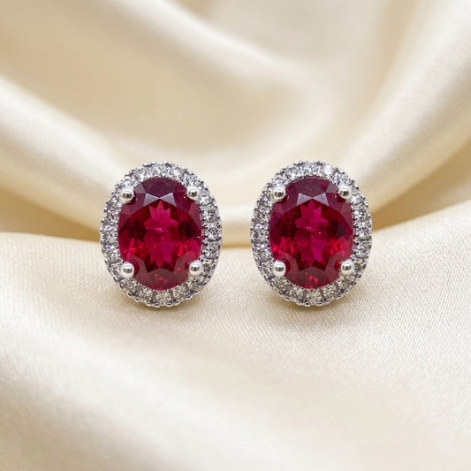 Rubellite and diamond halo earrings