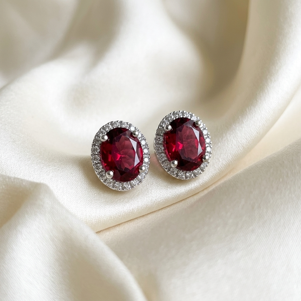 Rubellite and diamond halo earrings - detail view