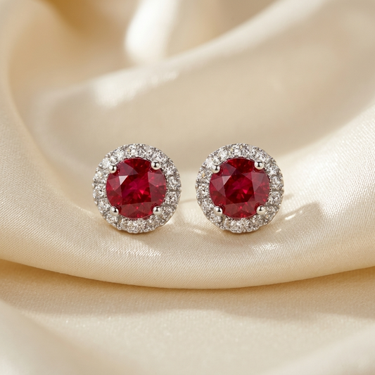 Ruby and diamond halo earrings