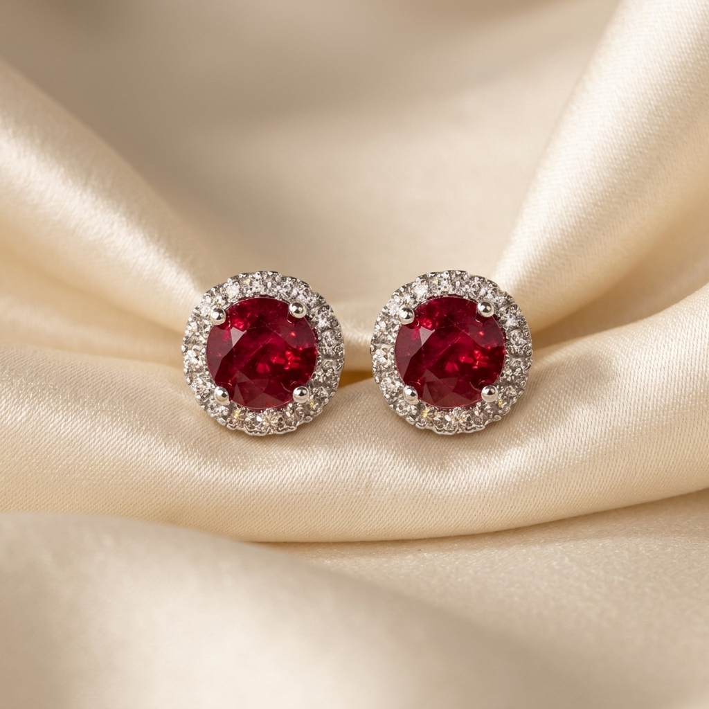 Ruby and diamond halo earrings - angled view
