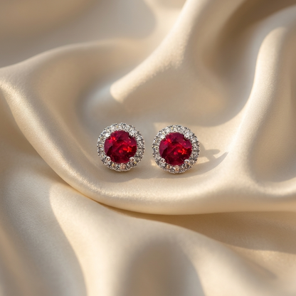 Ruby and diamond halo earrings - detail view
