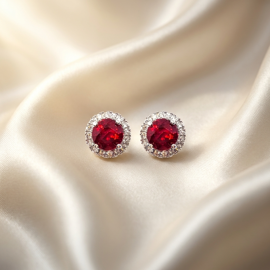 Ruby and diamond halo earrings - close up