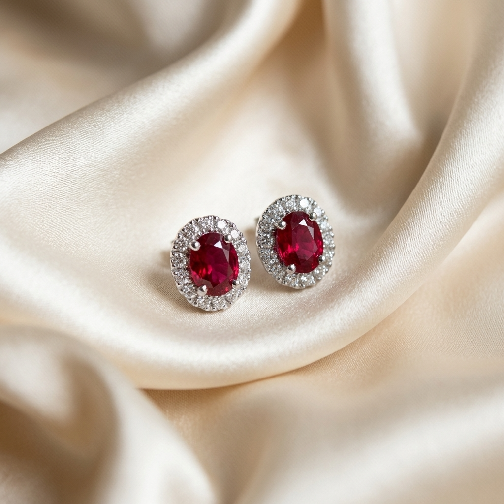 Red spinel and diamond halo earrings
