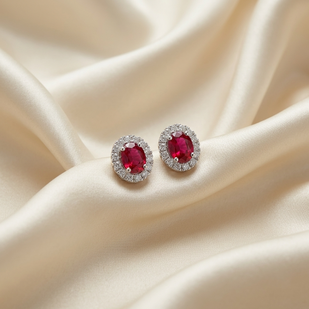 Red spinel and diamond halo earrings - angled view