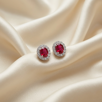 Red spinel and diamond halo earrings - angled view
