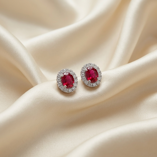 Red spinel and diamond halo earrings - angled view