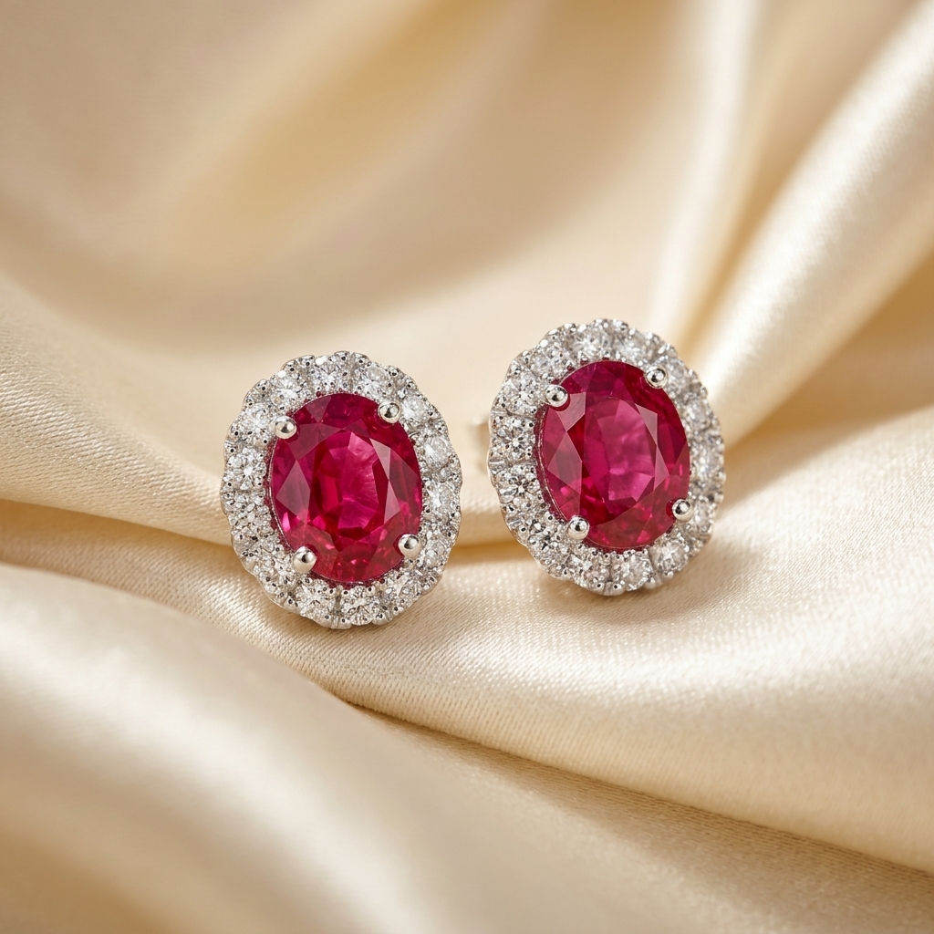 Red spinel and diamond halo earrings - detail view