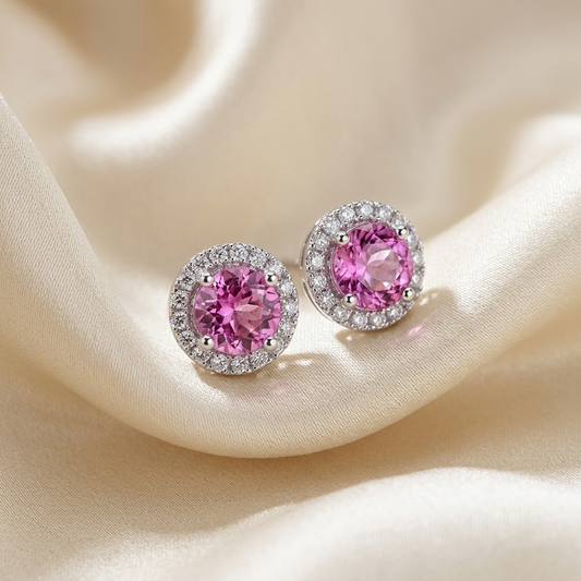 Pink tourmaline and diamond halo earrings