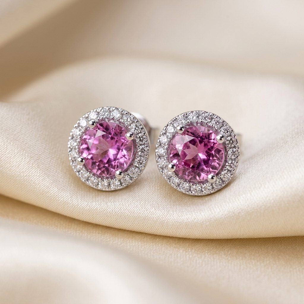 Pink tourmaline and diamond halo earrings - detail view