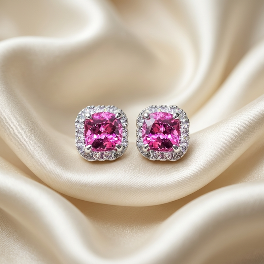 Pink spinel and diamond halo earrings